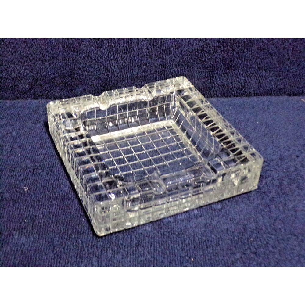 Art‎ Deco Heavy Crystal Glass Square Checkered or Gridded Pattern Ashtray 5 3/4"